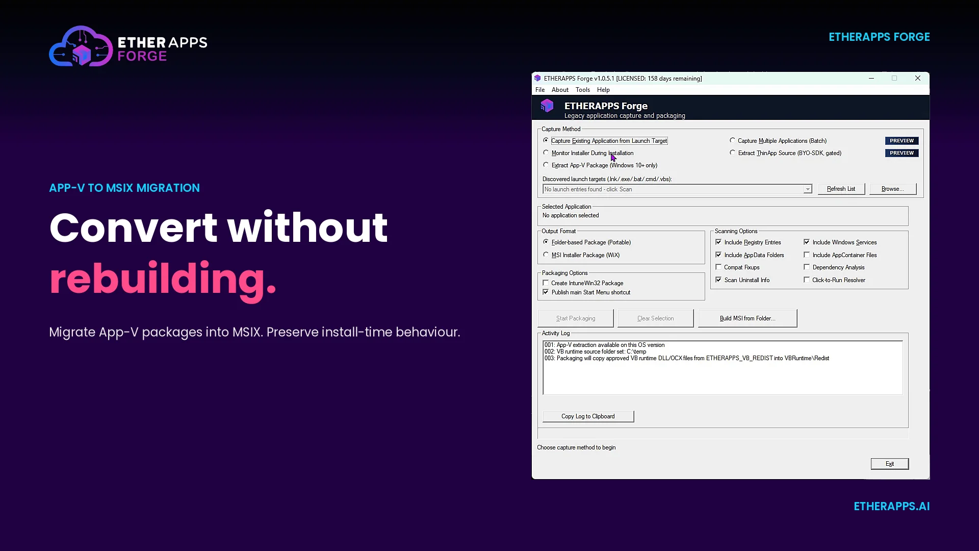 EtherApps Forge converting an App-V package to MSIX without resequencing or the original installer