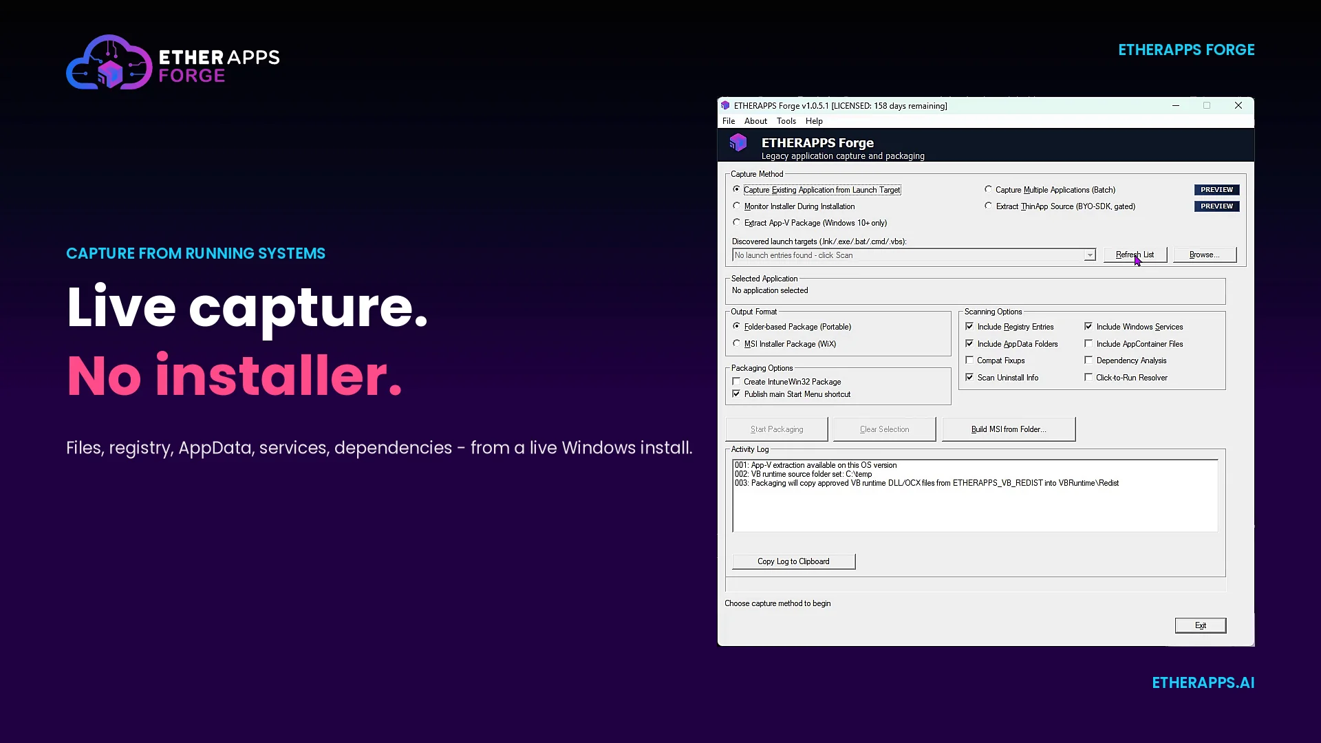 EtherApps Forge capturing a running Windows application and preparing deployment-ready packages