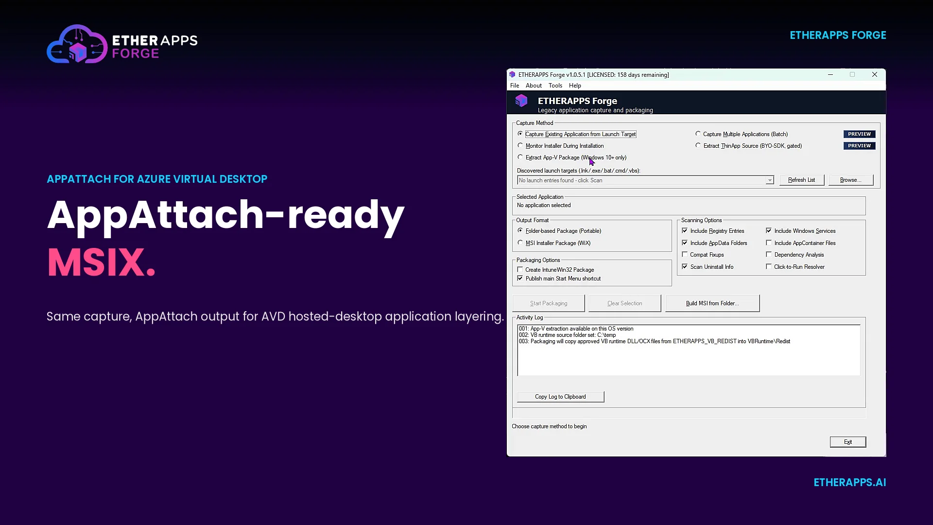 EtherApps Forge producing App Attach-ready MSIX for Azure Virtual Desktop from the same capture