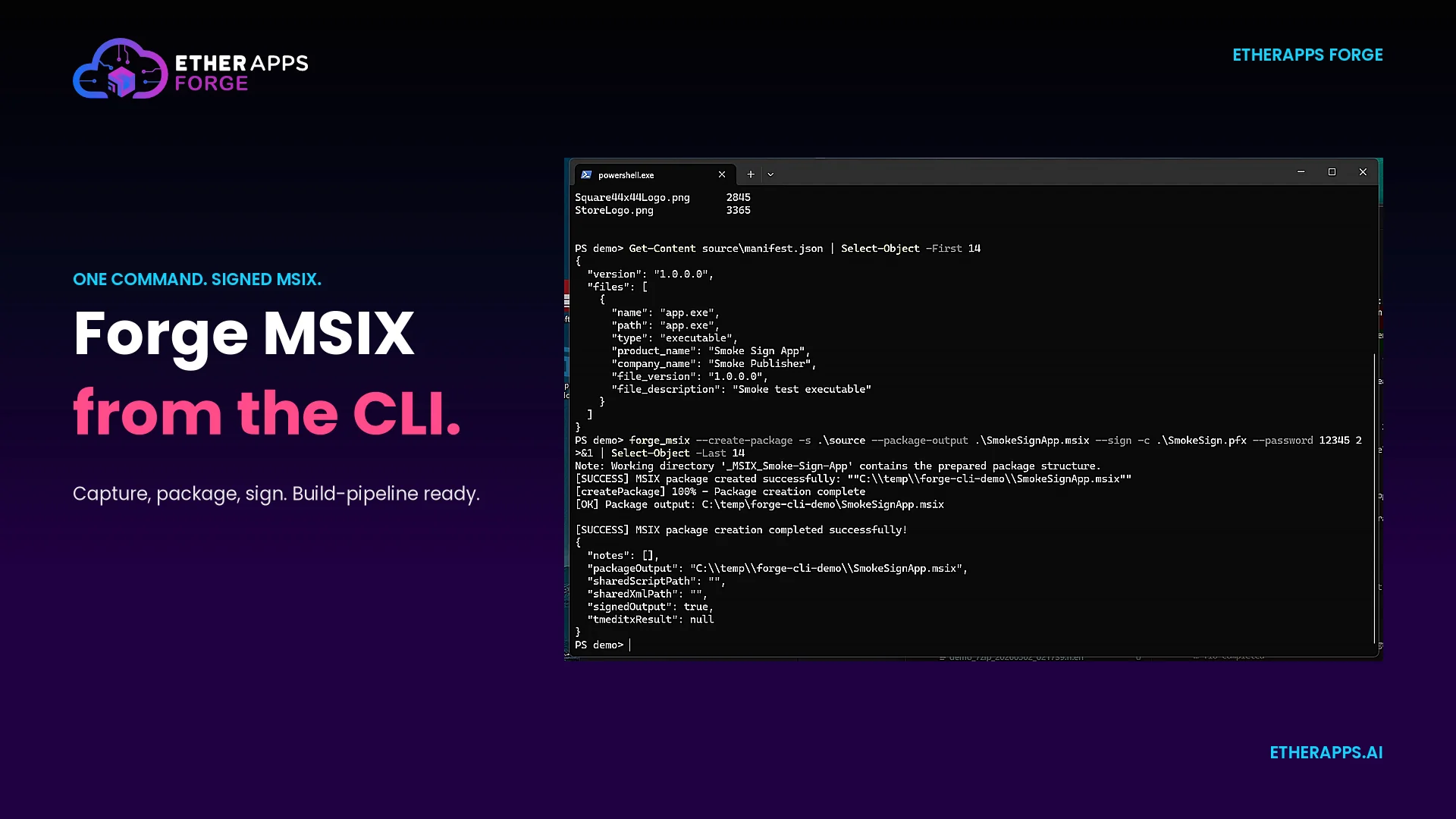 PowerShell window running forge_msix to create and sign an MSIX package from a source folder