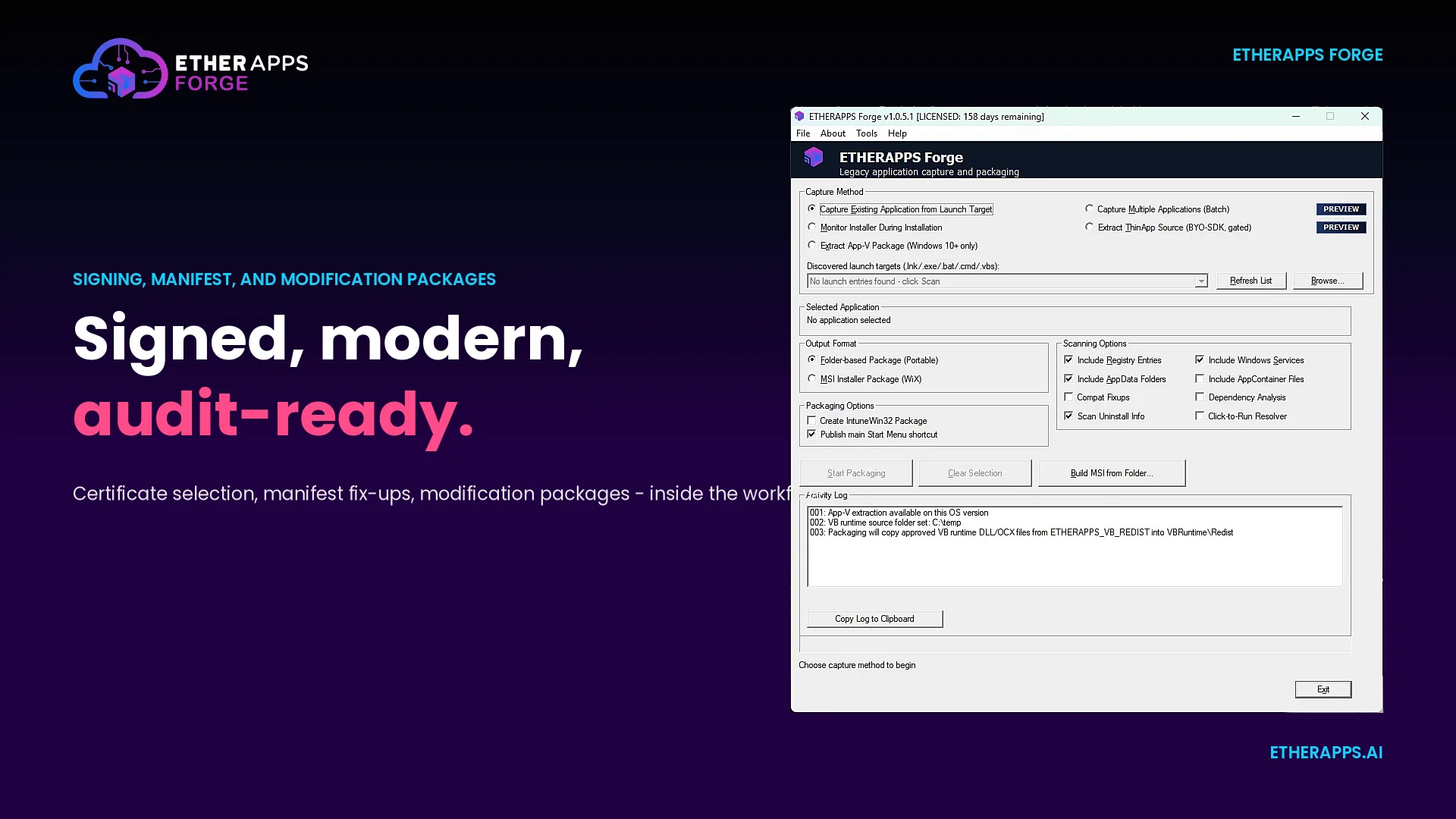EtherApps Forge certificate selection, manifest fix-ups and modification packages before signing