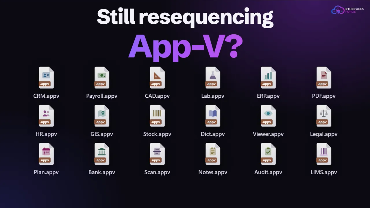 Still resequencing App-V? The question above a grid of eighteen App-V packages, from CRM.appv to LIMS.appv.